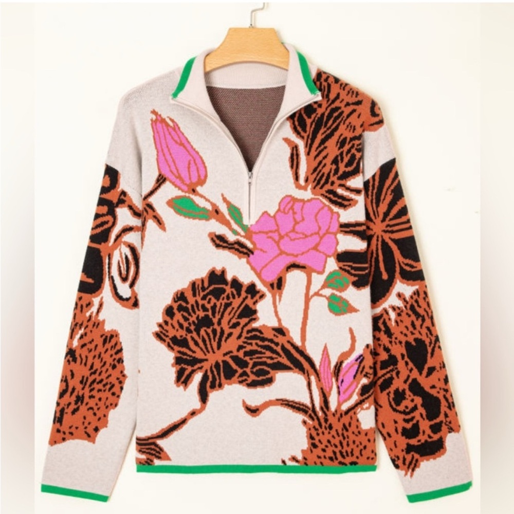 Floral Print Quarter Zip Sweater - Picture 4 of 11